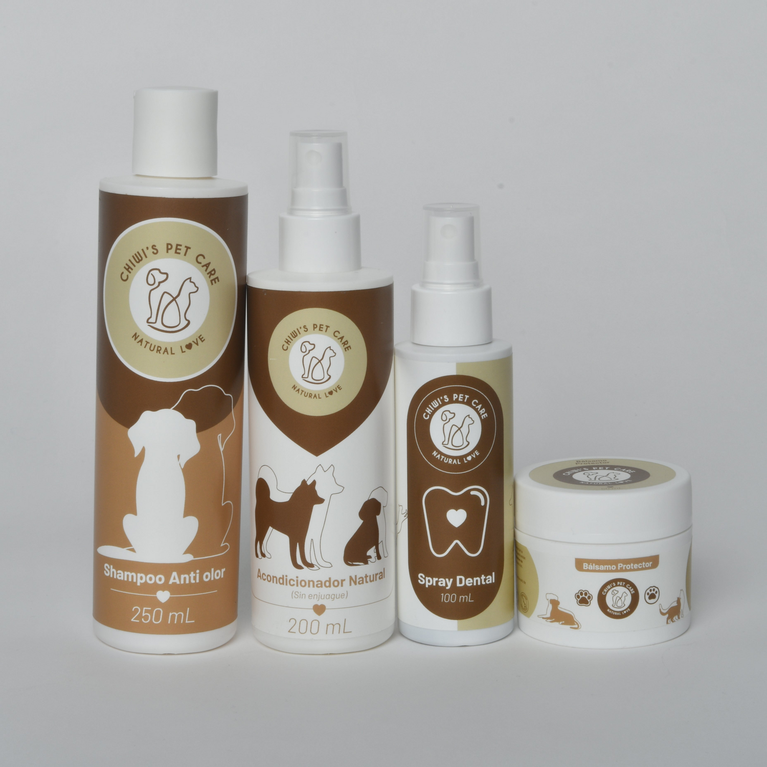 Pack completo de cosmética natural para mascotas: champú, acondicionador, bálsamo y spray dental